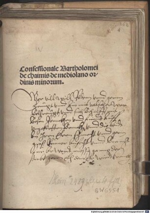 Confessionale Bartholomei de chaimis de mediolano ordinis minorum