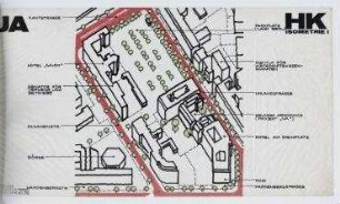 Gewerbe- und Hotelerweiterung Uhlandstraße/Kantstraße/Fasanenstraße (nicht realisiert) – Isometrische Projektion. Berlin-Charlottenburg/Wilmerdorf, Uhlandstraße 190-194, Kantstraße 15, Fasanenstraße 6