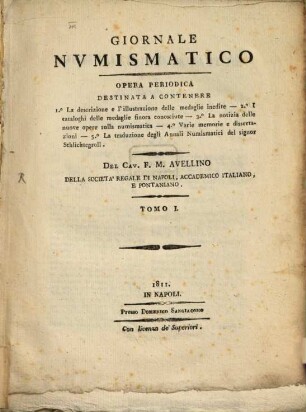 Giornale numismatico : opera periodica. 1. 1808 (1811) = Nr. 1-4