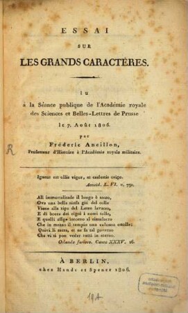 Essai sur les grands Caractères