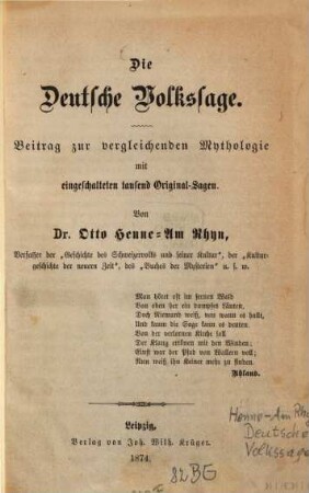 Die Deutsche Volkssage : Beitrag zur vergleichenden Mythologie mit eingeschalteten tausend Original-Sagen