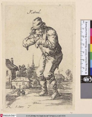 [Bettler nach links gewandt vor einem Dorf; Standing beggar turned to left before a village]