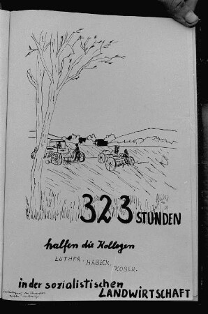 Stralsund. VEB Volkswerft Stralsund. Gewerk 114, Brigade Heidenreich. Seite des Brigadetagebuches mit einem Eintrag über "Sozialistische Hilfe" in der Landwirtschaft
