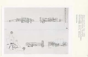 Literarisches Viertel, Berlin-Mitte (Diplomarbeit bei Willy Kreuer): Ansicht von Süden und Schnitte 1:200