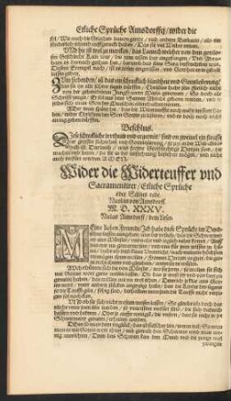 Wider die Widerteuffer und Sacramentirer/ Etliche Sprüche oder Schlus rede. Nicolas von Amsdorff. M. D. XXXV.