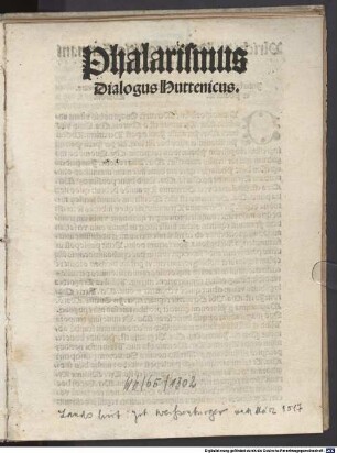 Phalarismus : Dialogus Huttenicus