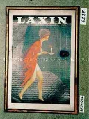 Werbeschild, gerahmt, mit Aufdruck "LAXIN" (Abbildung einer jungen Frau im Négligé und mit Kerze)