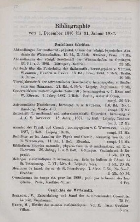 Bibliographie vom 1. December bis 31. Januar 1887.