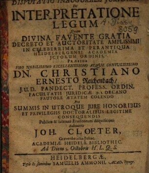 Disputatio Inauguralis Iuridica De Interpretatione Legum