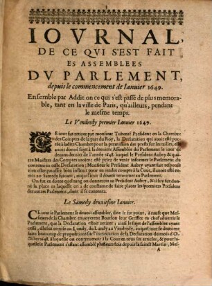 Journal de ce qui s'est fait es assemblées du parlement depuis le ... Janvier 1649