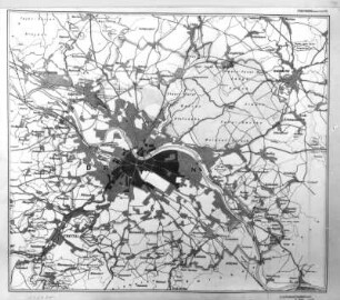 Stadtplan Dresden (1 : 50.000). Schwarz markiert die beim Luftangriff am 13. Februar 1945 am schwersten betroffenen Stadtgebiete