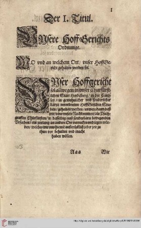 Titul I. Wo und an welchem Ort unser Hoffgericht gehalten werden soll