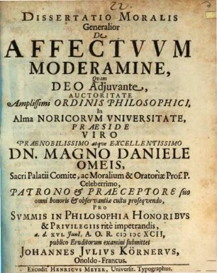 Dissertatio moralis generalior De affectvvm moderamine