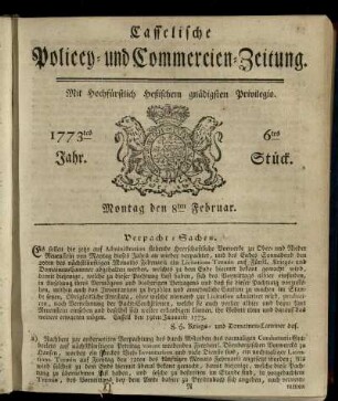 6tes Stueck, Montag den 8ten Februar 1773