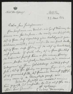 Brief von Gustav Frenssen an Gerhart Hauptmann