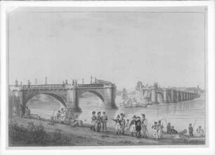 Dresden, Die alte Augustusbrücke nach der am 19.03.1813 erfolgten Sprengung, im Augenblick der Ankunft des russischen Parlamentärs : Dresden, Augustusbrücke, Sprengung