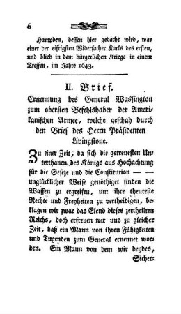 II. Brief - Schreiben des Herrn Präsidenten Liwingstone, wodurch Wassington zum obersten Befehlshaber der amerikanischen Armee ernannt wurde