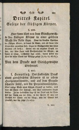 201-216, Von dem Drucke und Gleichgewichte überhaupt. - Vom Gleichgewichte an den Wänden der Gesätze und in den Haarröhrchen.
