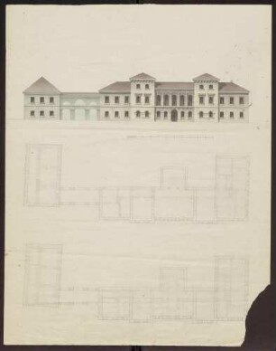 Hechingen: Neues Schloss, Aufriss und Grundrisse Erdgeschoss und Beletage