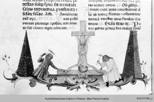 Breviarium : Buchseite mit Text, historisierter Initiale mit Apostel Petrus und Miniatur mit der Kreuzigung Petri
