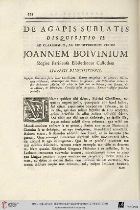 Disquisitio II: De Agapis Sublatis. Ad Clarissimum, ac Eruditissimum Virum Joannem Boivinium
