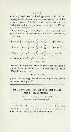 Sur le mouvement vertical d'un point pesant dans un milieu résistant.