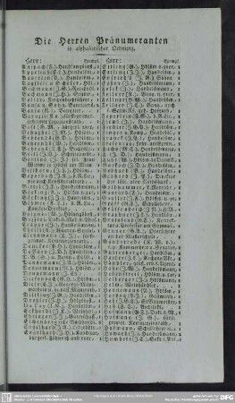 Die Herren Pränumeranten in alphabetischer Ordnung