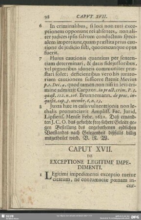 Caput XVII. De Exceptione Legitime Impedimenti