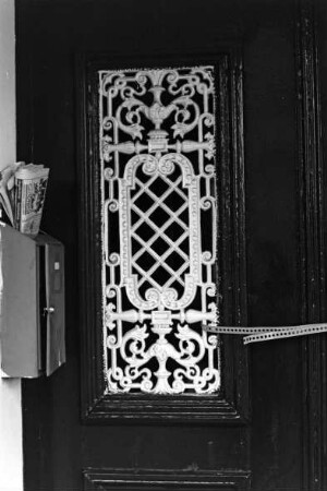 Lübecker Straße 39: traufständiges Wohnhaus: Straßenfront: Eingangstür, Detailaufnahme: Gitter aus Schmiedeeisen vor Türfüllung, links Briefkasten