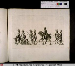Ein Reiter und sechs Männer von denen zwei Hunde führen.
