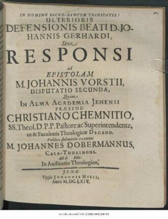 Responsi Ad Epistolam M. Johannis Vorstii, Defensioni B. Gerhardi Oppositam, Dissertatio Prima