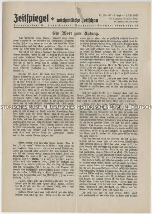 Wochenzeitung "Zeitspiegel" mit Titel zum Tod des Zeitspiegel-Herausgebers Wilhelm Goebel