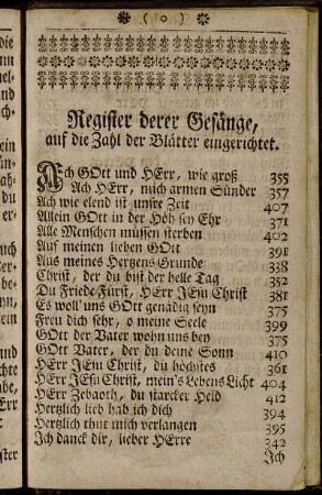 Register derer Gesänge, auf die Zahl der Blätter eingerichtet