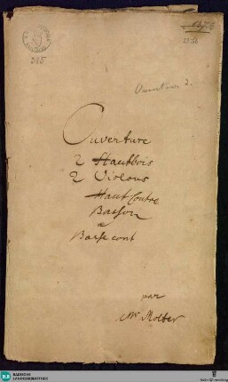 Overtures - Mus. Hs. 385 : strings, woodwinds, bc; c; BrinzingMWV 3.9
