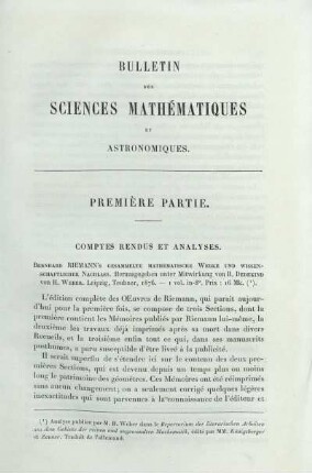 Première Partie. Comtes Rendus et Analyses.