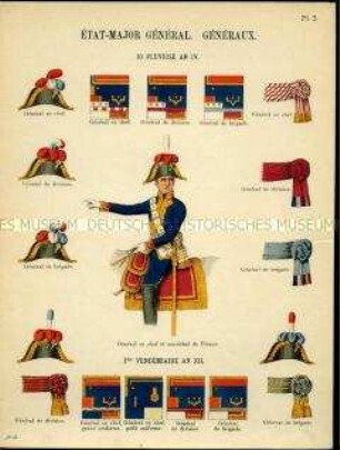 Uniformdarstellung, Kommandierender Generalfeldmarschall, Detailstudien der Schärpen, Hüte und Abzeichen verschiedener Generäle, Erste Republik Frankreich, 1796/1803.