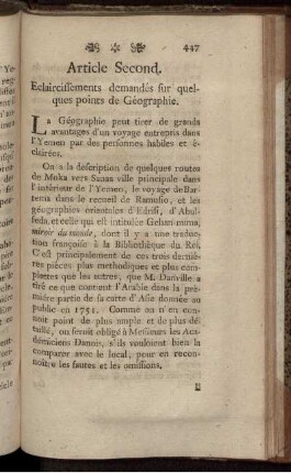 Article Second. Eclaircissements demandés sur quelques points de Géographie.