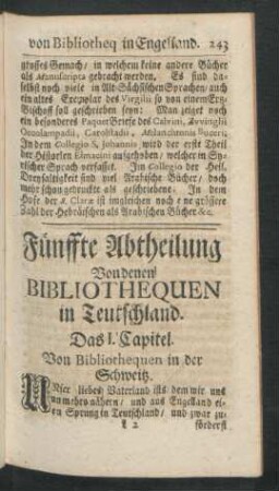 Fünffte Abtheilung Von denen Bibliothequen in Teutschland.
