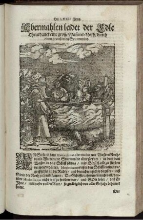 Die LXXII. Figur. Abermahlen leidet dee Edle Theurdanck eine grosse Wassers-Noth/ durch einen grausamen Sturmwind
