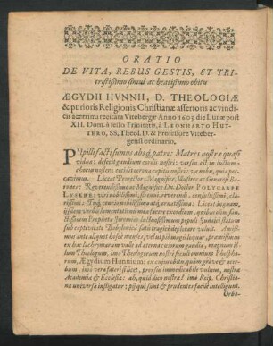 Oratio De Vita, Rebus Gestis, ... Aegydii Hynnii ...