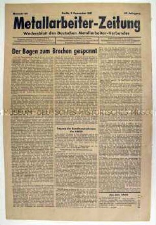Wochenzeitung des Deutschen Metallarbeiter-Verbandes u.a. zu den Notverordnungen