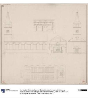 Guttstadt (Dobre Miasto), ehemals Kreis Heilsberg, Regierungsbezirk Königsberg (Województwo Warmińsko-Mazurskie). Entwurf zur evangelischen Kirche. Grundriss, Querprofil, Seiten- und Vorderansicht