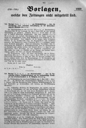 Anlage: (722-724), Vorlage, welche den Zeitungen nicht mitgeteilt ist, 30. August 1929