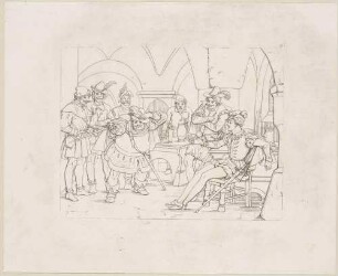 Zu Shakespeares "König Heinrich IV.", Teil 1, Blatt 4, 2. Akt, 4. Szene: In der Taverne erfindet Falstaff eine Geschichte, Prinz Heinrich offenbart die Wahrheit