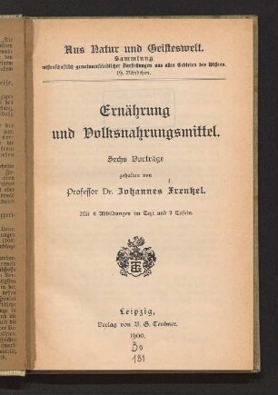 Ernährung und Volksnahrungsmittel : sechs Vorträge