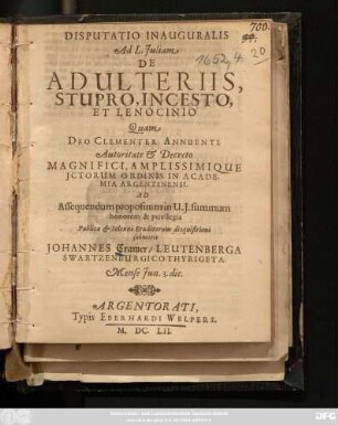 Disputatio Inauguralis Ad L. Iuliam De Adulteriis, Stupro, Incesto, Et Lenocinio