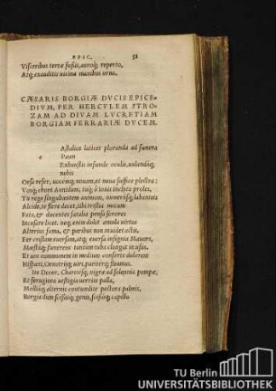Caesaris Borgiae Ducis Epicedium, Per Herculem Strozam Ad Divam Lucretiam Borgiam Ferrariae Ducem.