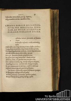 Caesaris Borgiae Ducis Epicedium, Per Herculem Strozam Ad Divam Lucretiam Borgiam Ferrariae Ducem.