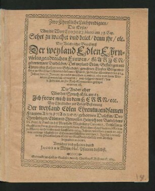 Zwo Christliche Leichpredigten/