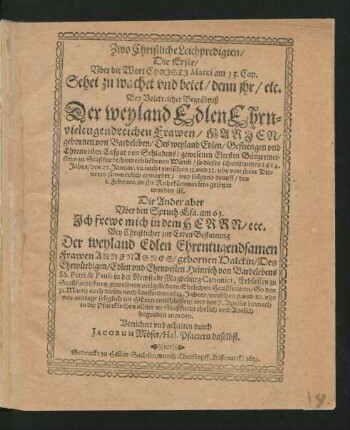 Zwo Christliche Leichpredigten/